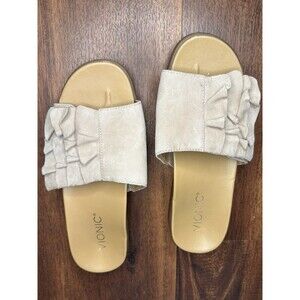 Vionic "Roni" Women's Slide Sandals Suede Ruffle Details Beige/Taupe Size 8 EUC!